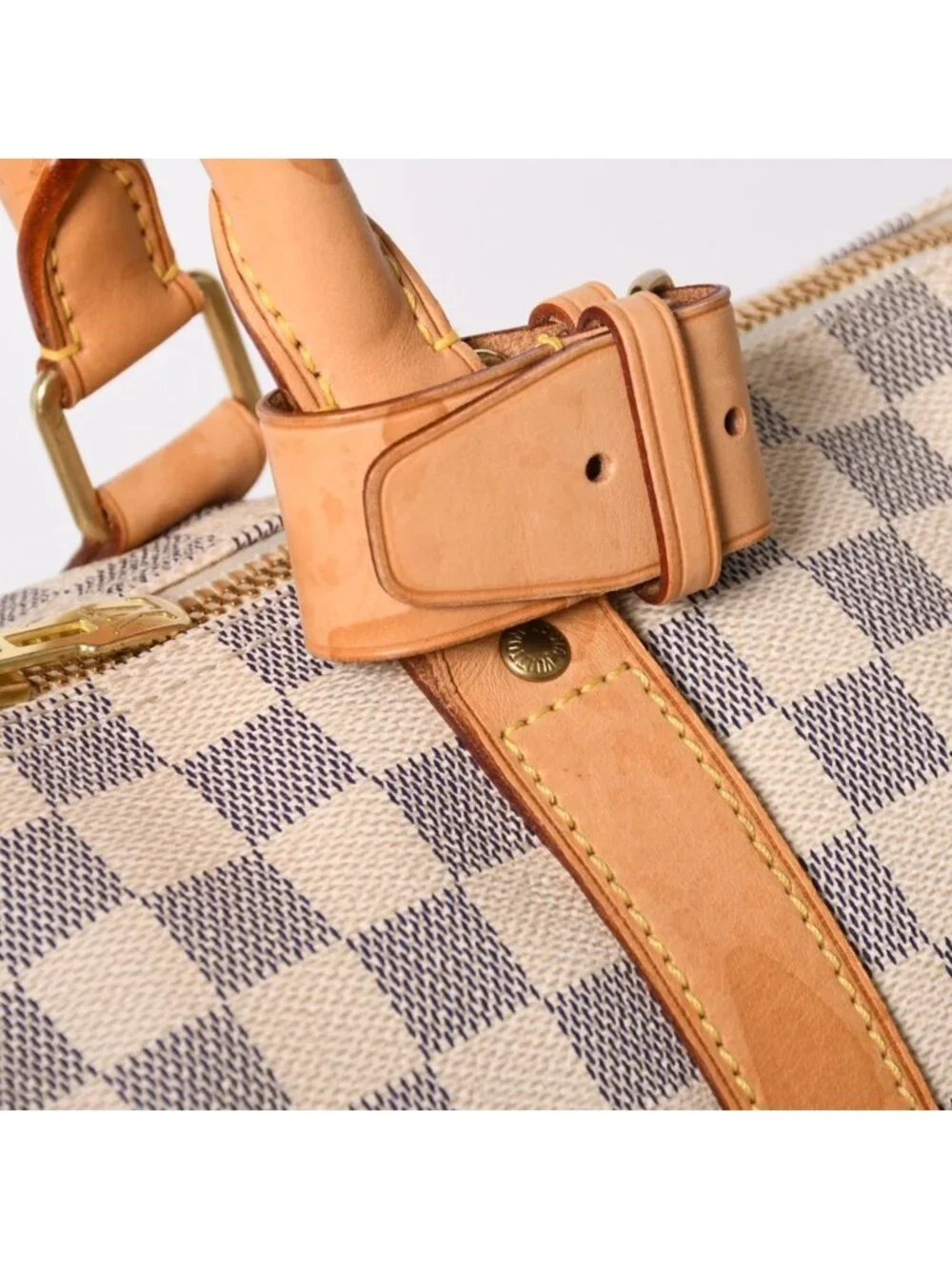 Louis Vuitton Keepall 50 Boston Bag Damier Azur Canvas Vachetta Leather White
